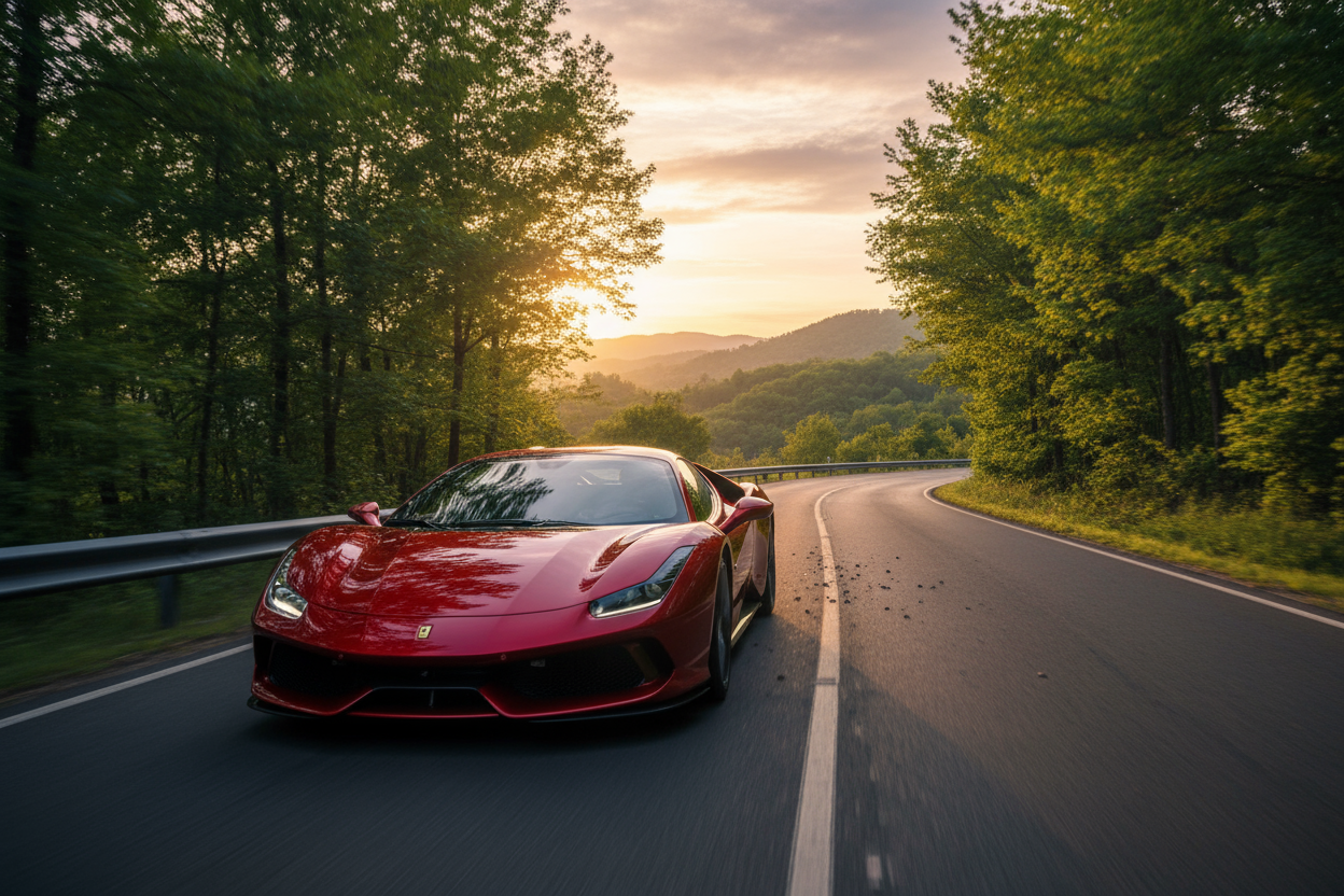 A hyperrealistic image of a red supercar inspired by Ferrari or Lamborghini driving on a scenic road surrounded by nature. The car should look sleek, glossy, and detailed with reflections on the body. The background features a curving asphalt road, green trees, and soft sunlight filtering through the landscape. The scene is vibrant, cinematic, and high resolution, with natural lighting and realistic shadows.