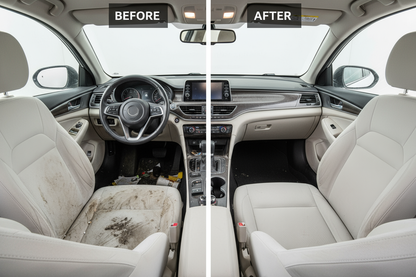 A split image showing a “Before and After” comparison of a car interior. On the left, labeled “Before”, the car seats and interior are very dirty, covered in stains, dust, and crumbs. On the right, labeled “After”, the same interior is spotless, fresh, and perfectly clean, with bright, tidy seats and shiny surfaces. A clean dividing line separates the two sides. Realistic, professional lighting, perfect for advertising a car interior cleaning product.