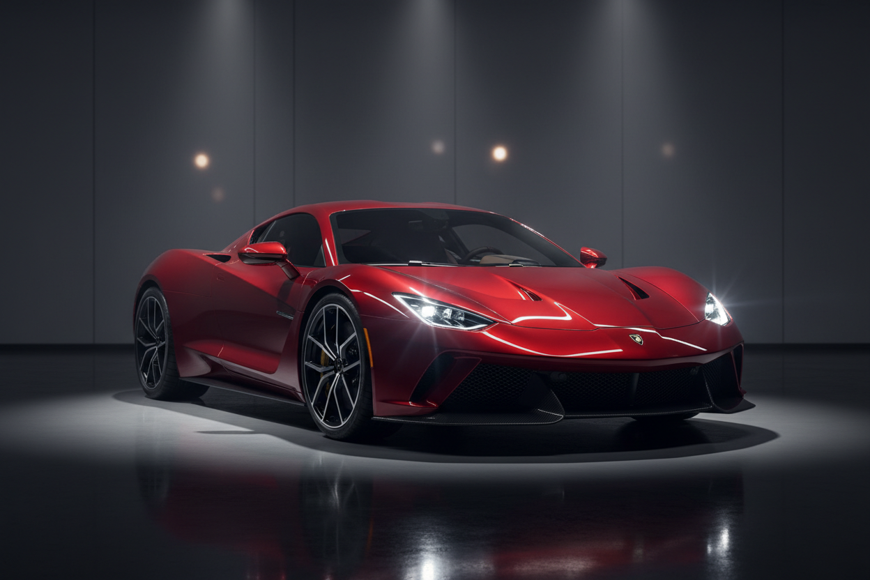 A stunning, dark red supercar showcased in a luxury product-style image. The car is polished and glossy, reflecting light beautifully on its curves and sleek design. Dramatic, professional lighting emphasizes the shine and details of the car’s body. The background is minimal and elegant, highlighting the vehicle as the main focus. High-resolution, realistic, cinematic, perfect for a product collection showcase.